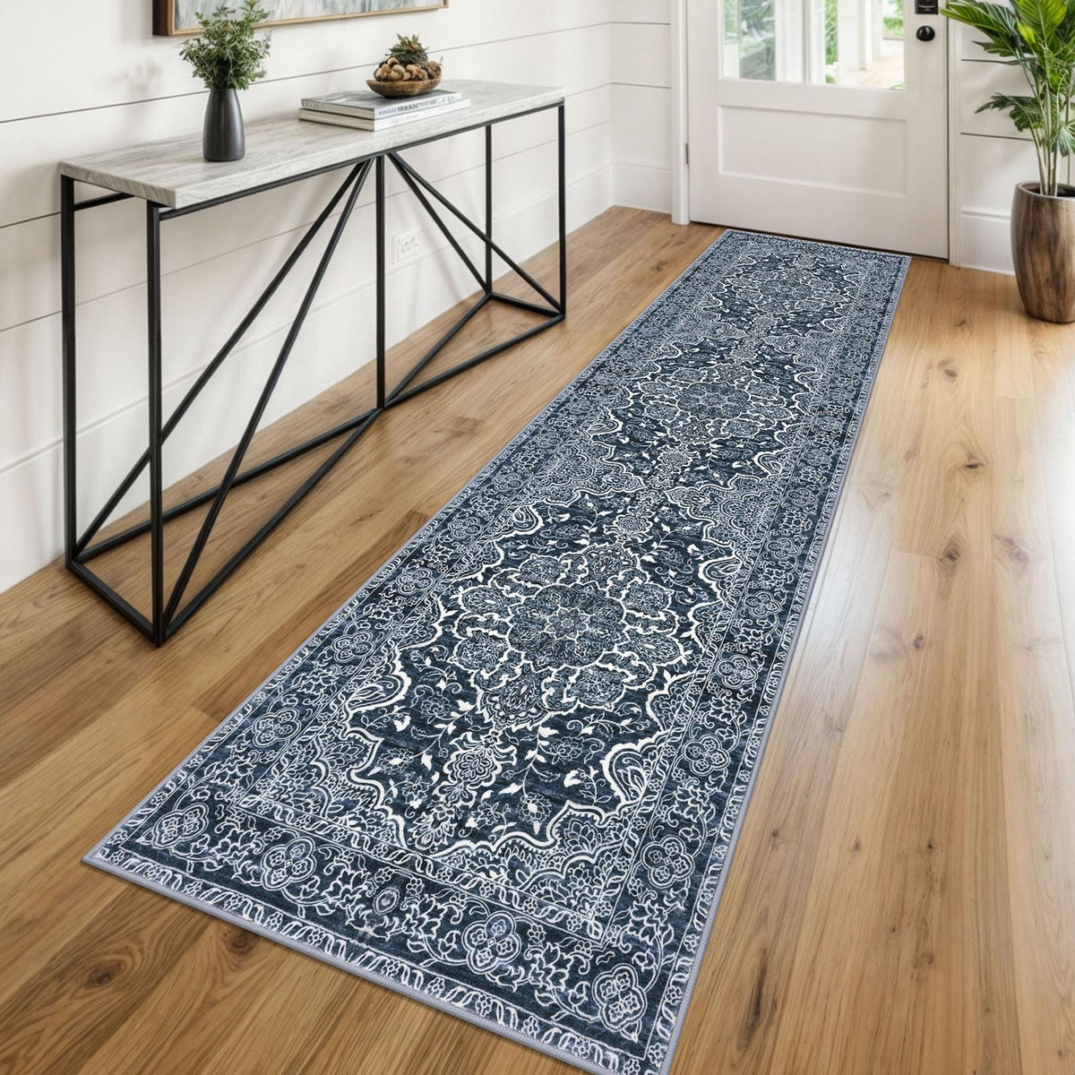 KUTA Vintage Extra Long Runners for Hallways 2.6x18ft Washable Blue White