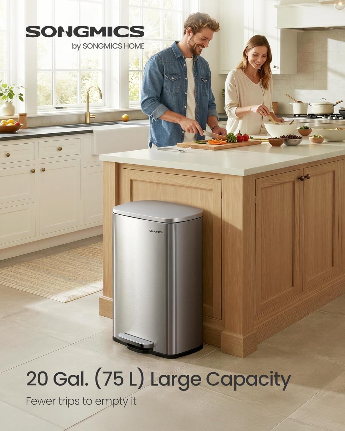 SONGMICS 20 Gallon (75 L) Trash Can, Stainless Steel, Step-On Pedal
