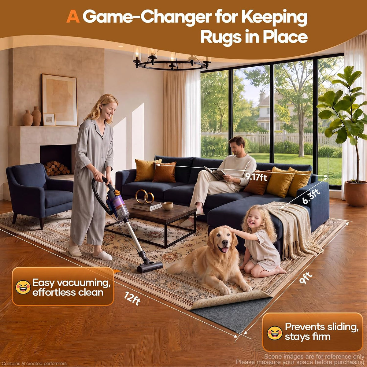 Veken Non Slip Cushioned Rug Pad Gripper, Felt and Silicone Backing, 9 x 12 Ft, 1/4 inch Thick Carpet Liner Protector Mat for Area Rugs and Hardwood Floors, with Over 99 Pcs Anti-Slip Strips Pattern