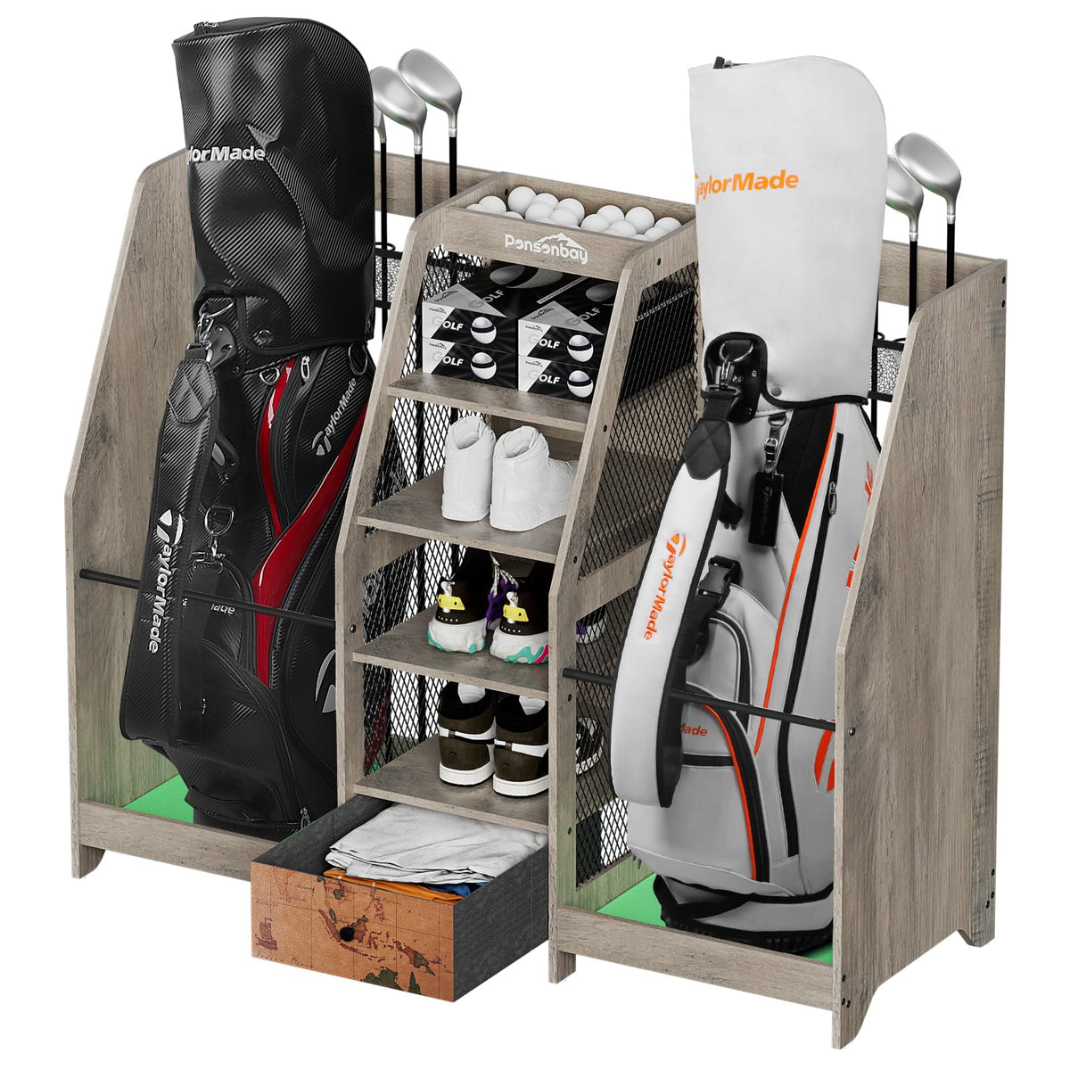 Golf Bag Storage Organizer Holds 2 Golf Bags for Garage - Wooden Rack