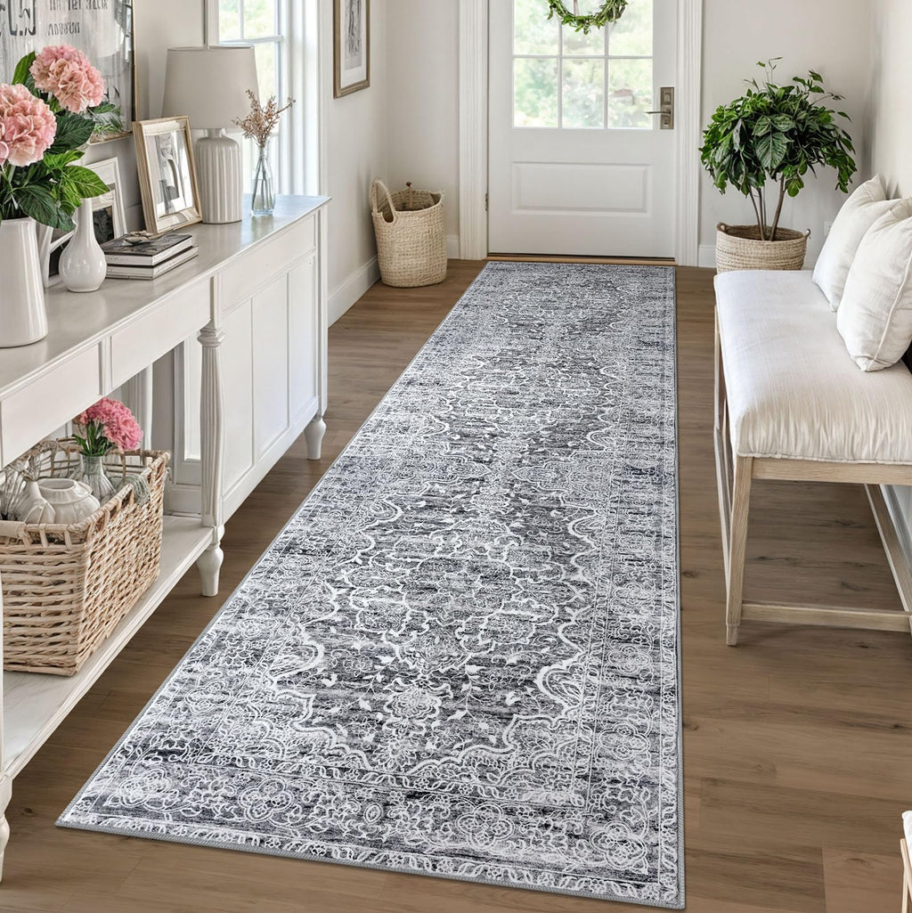 KUTA Vintage Extra Long Runners for Hallways 2.6x18ft Washable Blue White