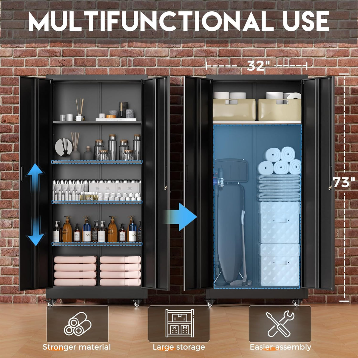 Greenvelly Metal Garage Storage Cabinet with 4 Swivel Wheels, 73" Black Storage Cabinet on Wheels, Rolling Tool Cabinet with Locking Doors and Shelves for Garage, Basement, Home, Warehouse