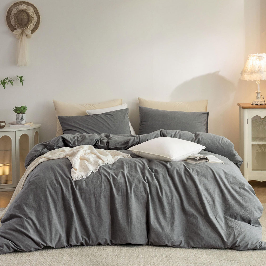 Duvet Cover Set Washed Cotton Embroidered Hem King 3‑Pcs