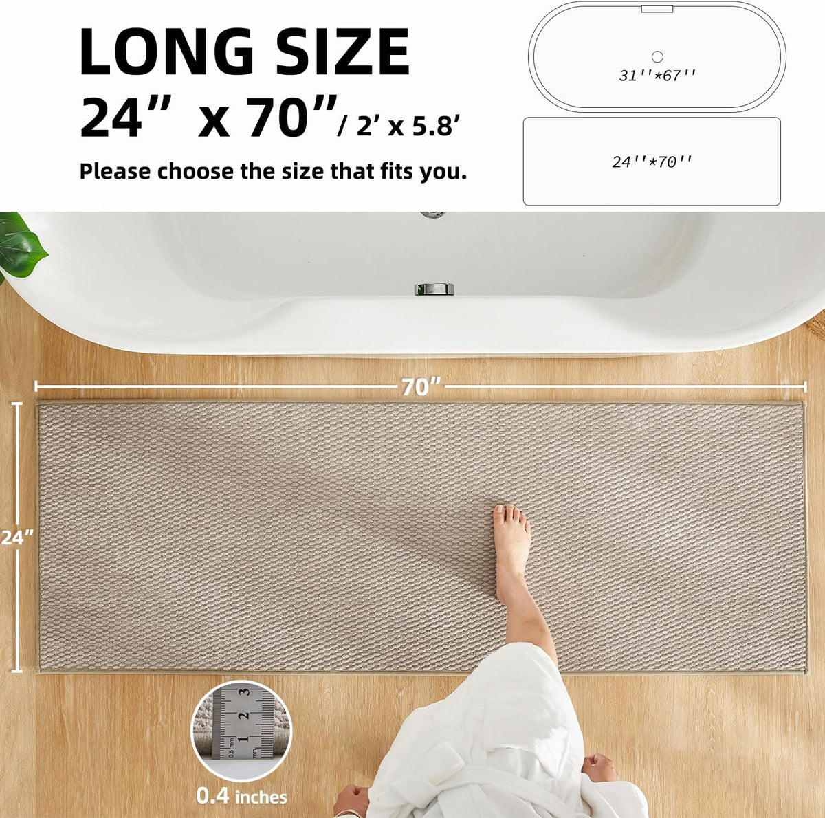 TYUU Bathroom Runner Rugs, Long Bath Mat Runner Washable Thin Quick Dry Low Pile Bathroom Runner Rugs Non Slip, Beige 24"x70"