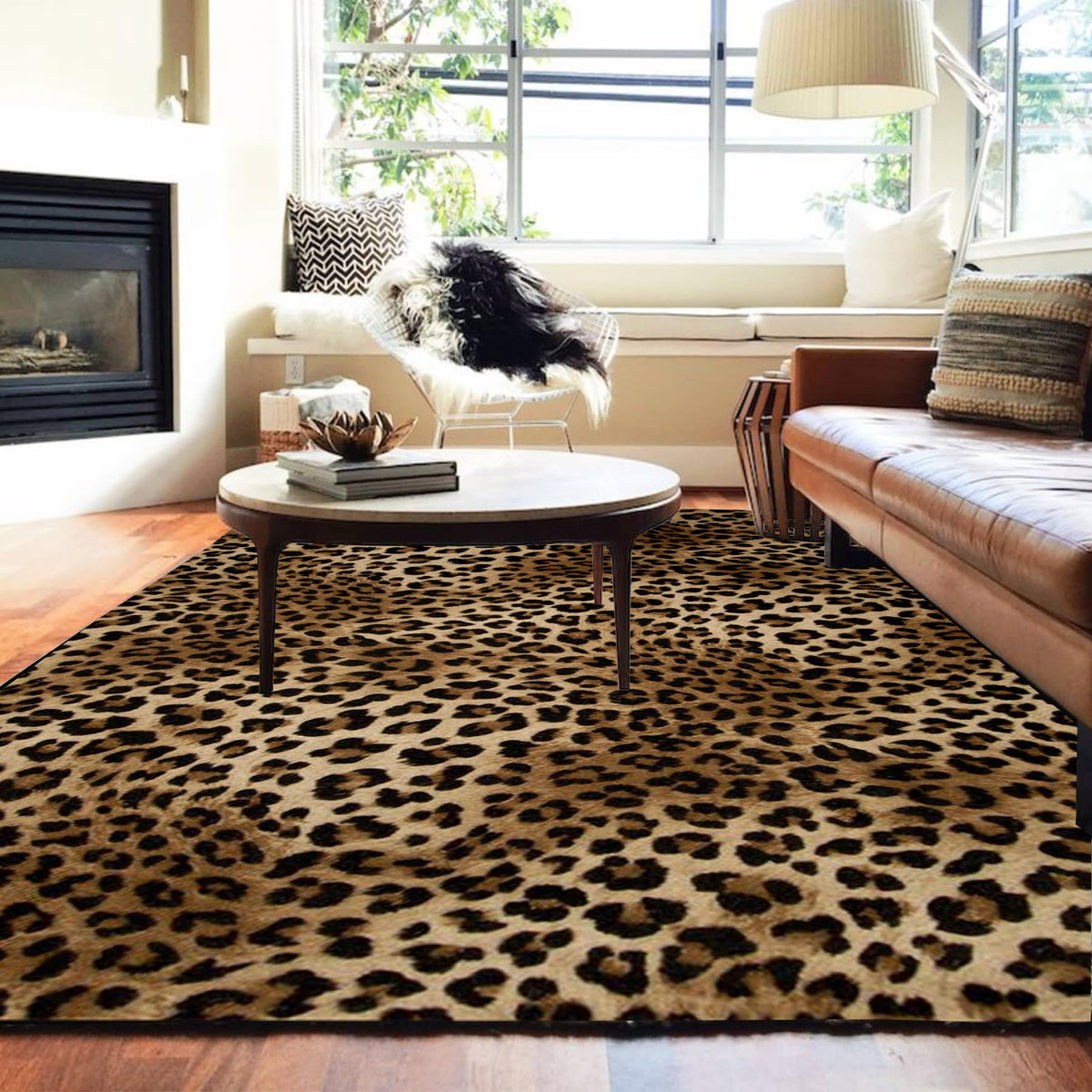 Leopard Rug 5x7 Washable Animal Print Rug Living Room Large Carpet Soft Non-Slip, Non-Shedding Brown Carpet for Office Dormitory Bedroom