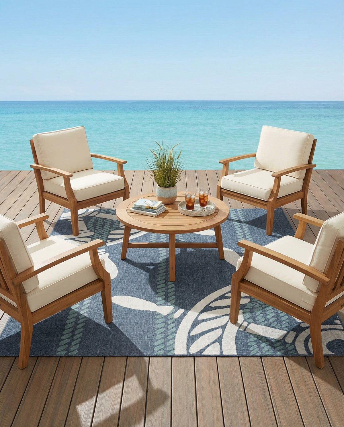 Rugs.com - Outdoor Coastal Rug – 5' 3 x 8' Navy Blue Washable Indoor/Outdoor Rug – Nautical Ship Wheel Design for Patios, Decks, and Porches