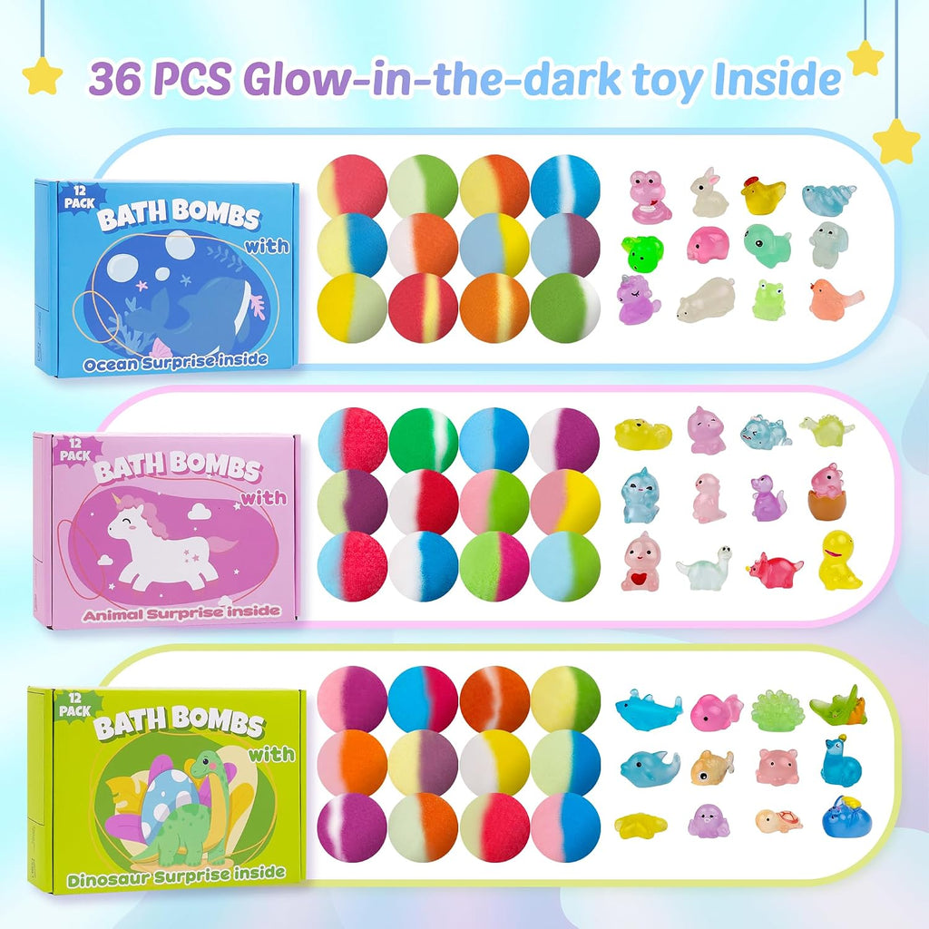 Bath Bombs for Kids,36 Pack Bath Bombs with Glow in The Dark Toy Inside
