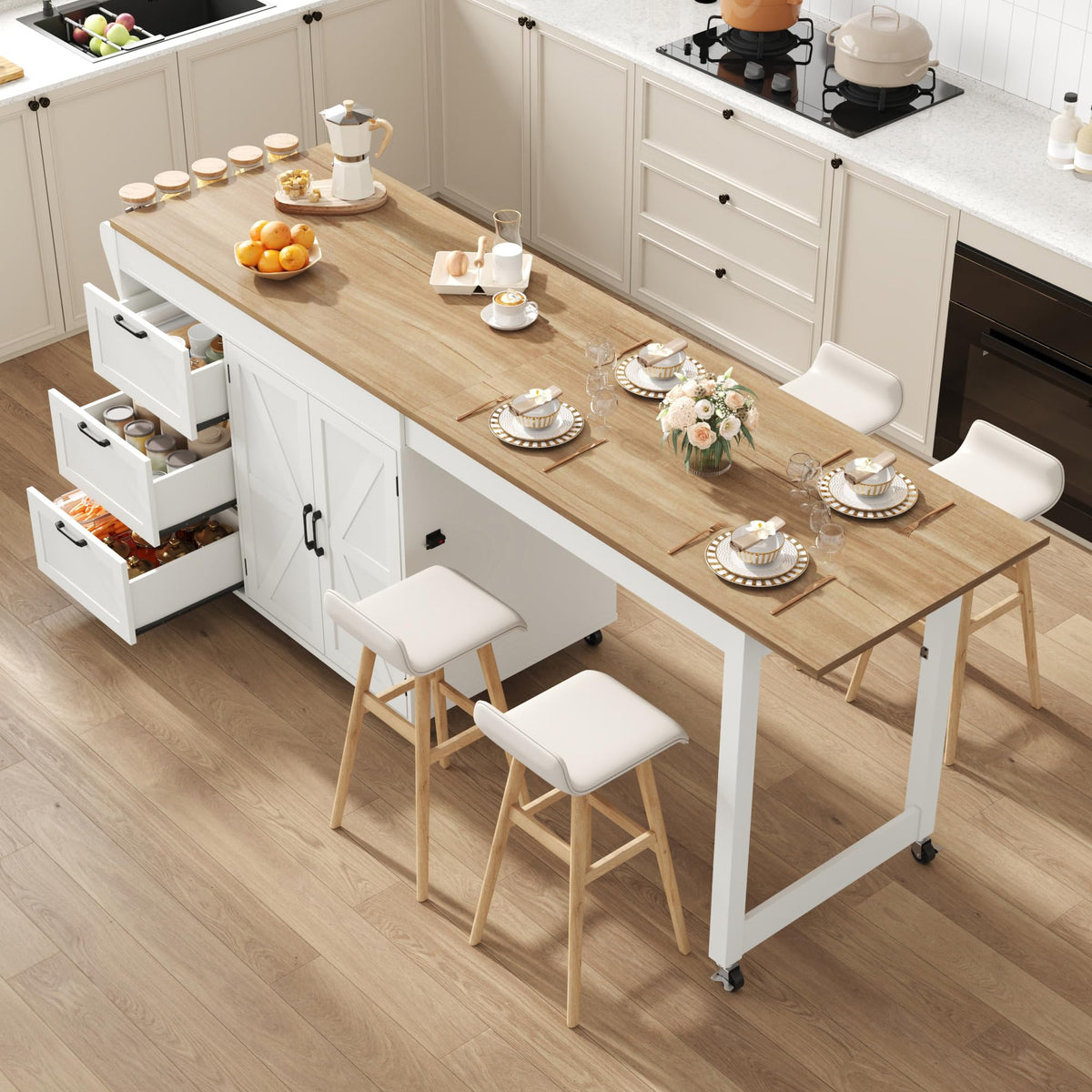 St.Mandyu 47”- 90” Flip-Top Kitchen Island with Extendable Dining Table, Mobile Rolling Storage Kitchen Cart with 3 Drawers & Spice Rack, Multi-Functional Bar Island Table Seats 2-4, White