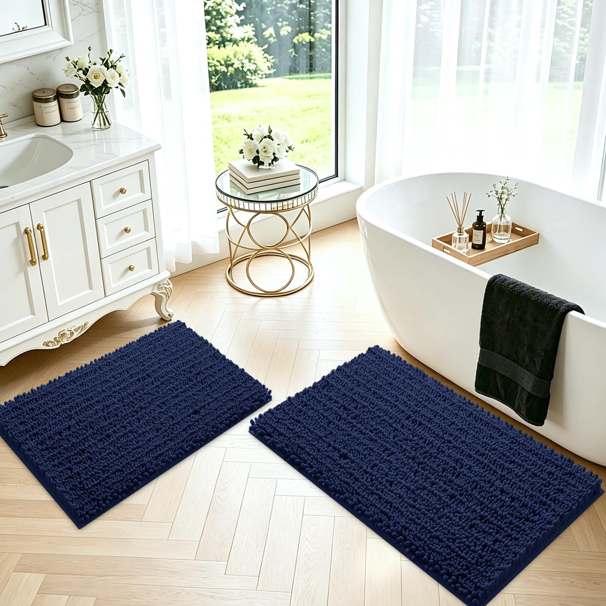 ACCUMTEK Upgrade Extra Large Black Bathroom Rug Set 3 Pieces Ultra Soft, Thick Absorbent Bath Mats, Non Slip Chenille Toilet Mat for Bathroom, Bedroom, Kitchen