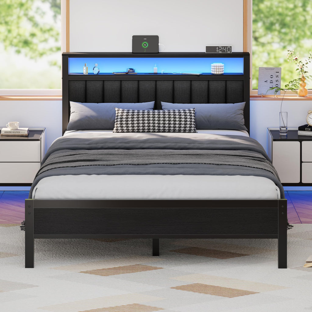 Furnulem Full Size Bed Frame with Charging Station and LED Lights