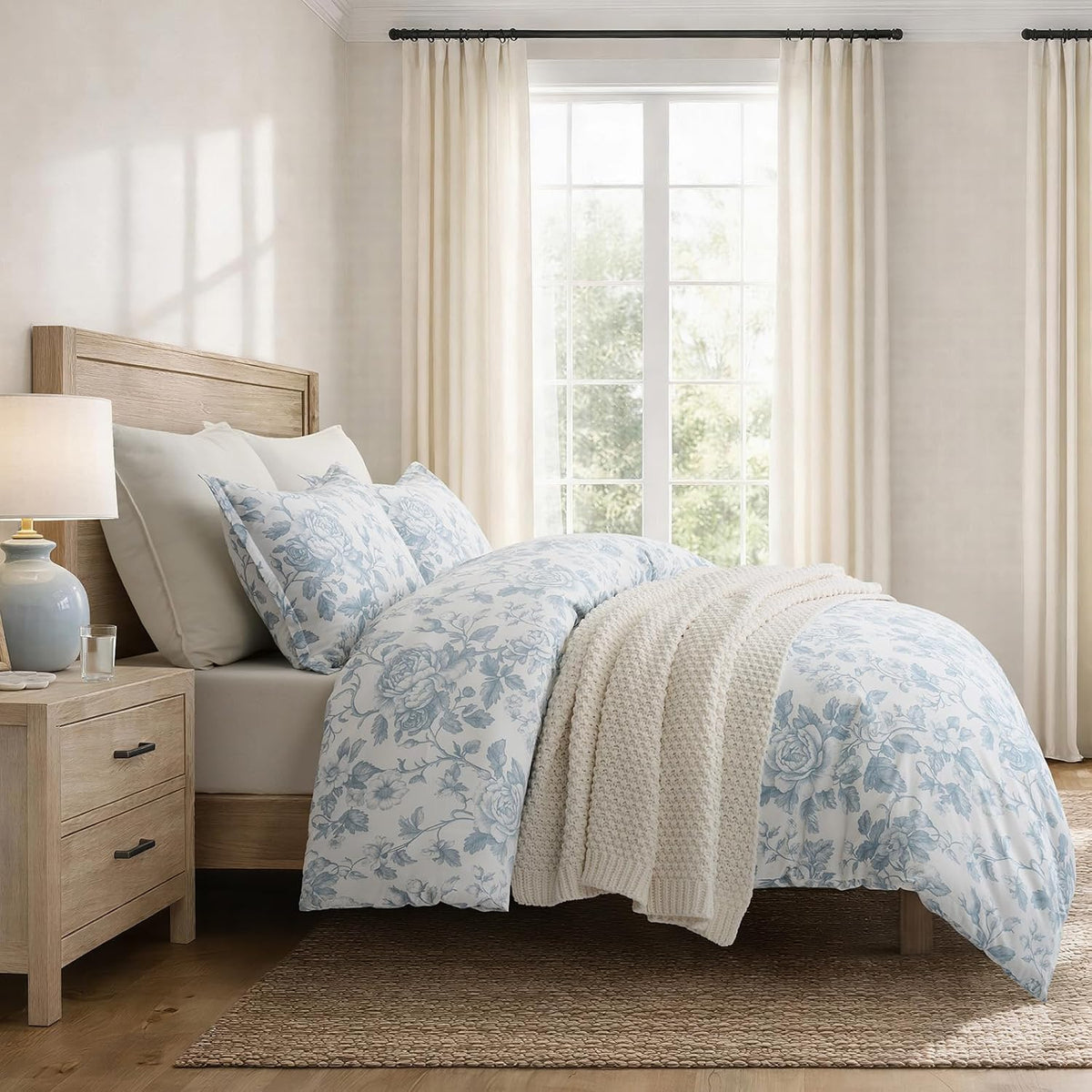 EverGrace 100% Cotton Sateen Duvet Cover Set, King Size, Blue Linen