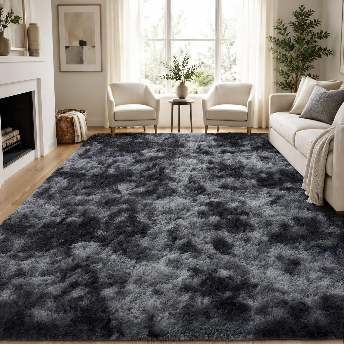 PLHXFR 9x12 Area Rugs Living Room: Fluffy Bedroom Soft Shag Rug Black Grey