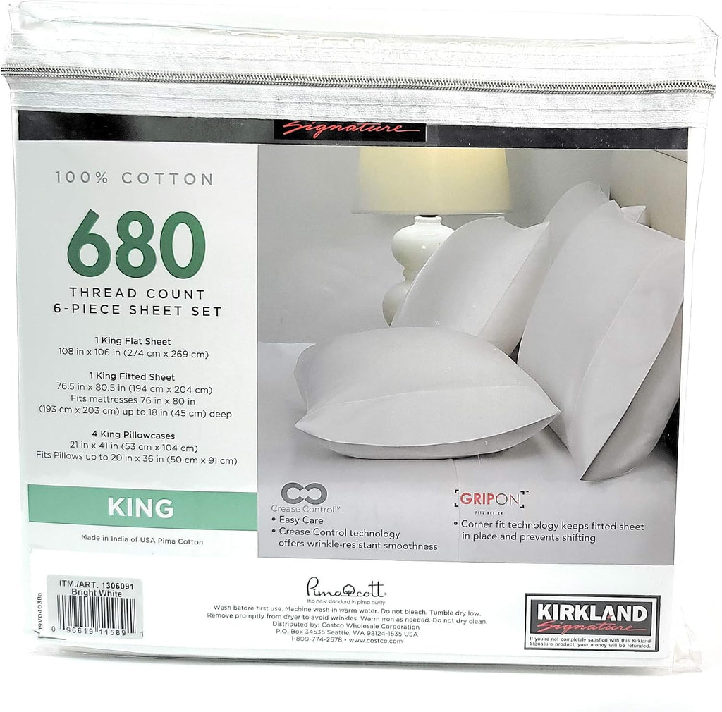 Kirkland Signature King Bright White 680 Thread Count Sheet Set 6 Piece Deep Pockets