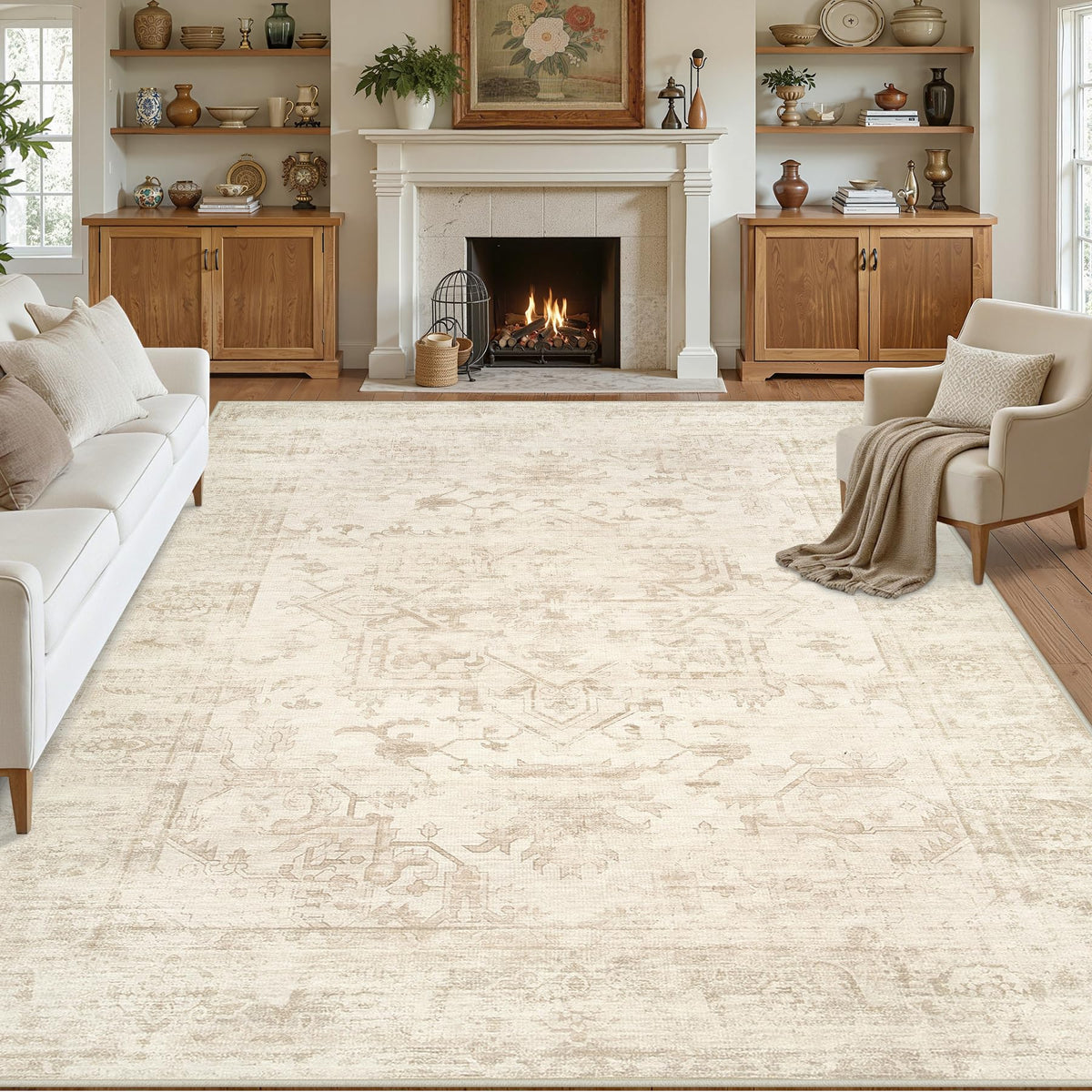 8x10 Area Rugs Living Room: Bedroom Washable Carpet Beige/Ivory