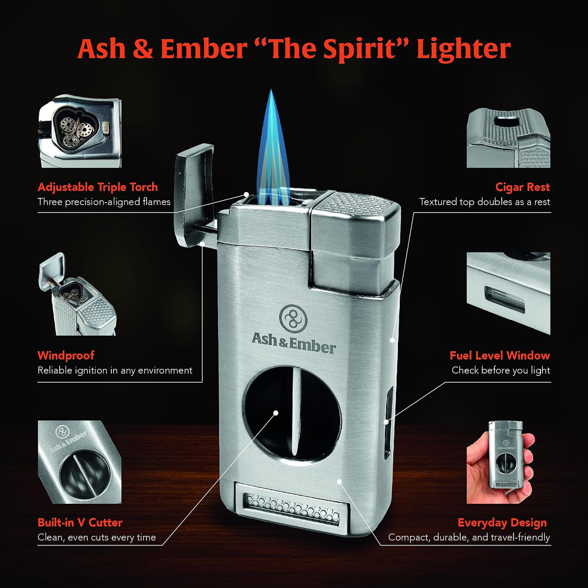 “Spirit“ Cigar Lighter with V-Cutter – Triple Jet Flame Butane Refillable Torch Lighter with Cigar Rest, Windproof, Transparent Fuel Window, Ergonomic Grip, Premium Gift Box for Men – Ash & Ember