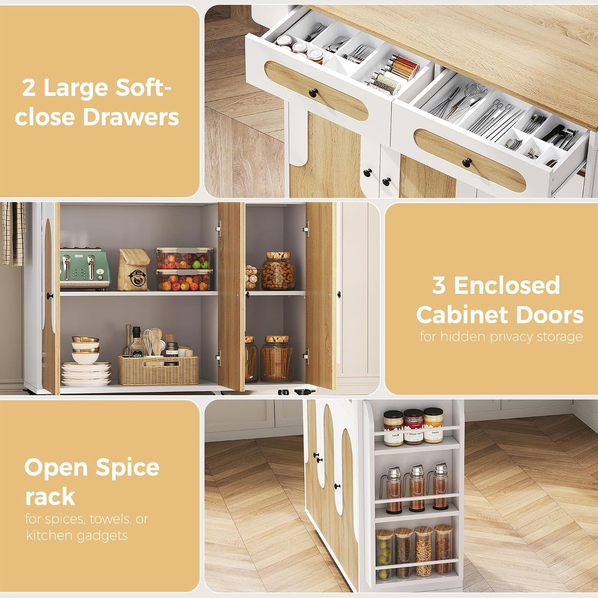 IRONCK 41.3" Kitchen Island Cart with Drop Leaf & Side Shelves, White