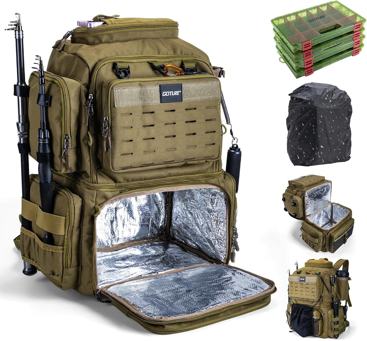 Goture Fishing Backpack with Cooler, 4 3600 Tackle Boxes,2 Rod Holders