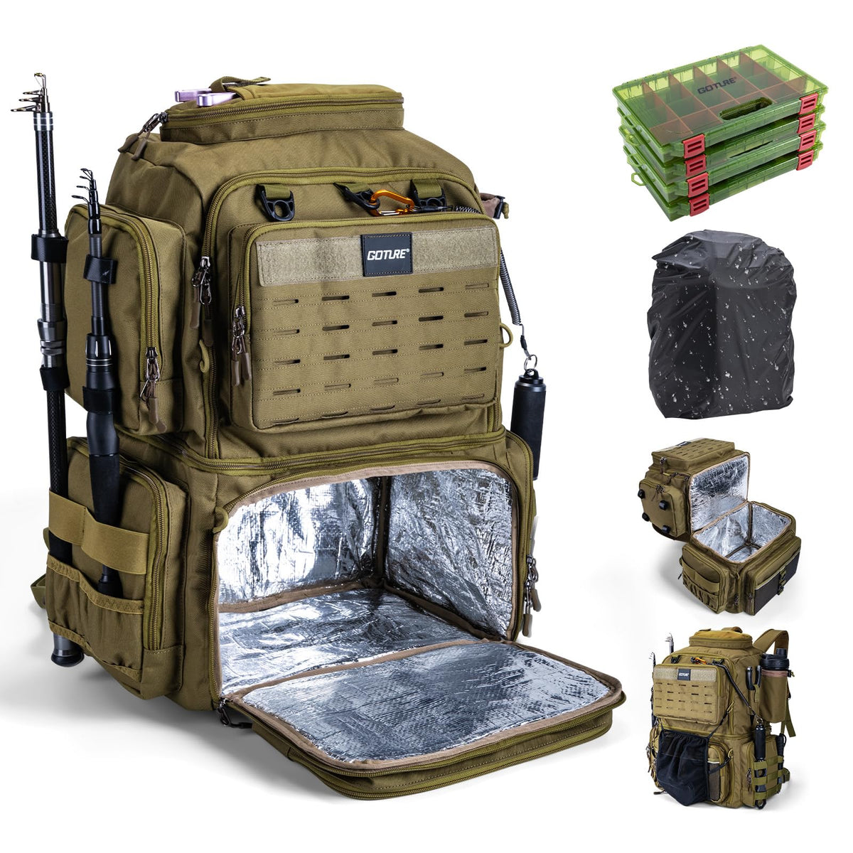 Goture Fishing Backpack with Cooler, 4 3600 Tackle Boxes,2 Rod Holders