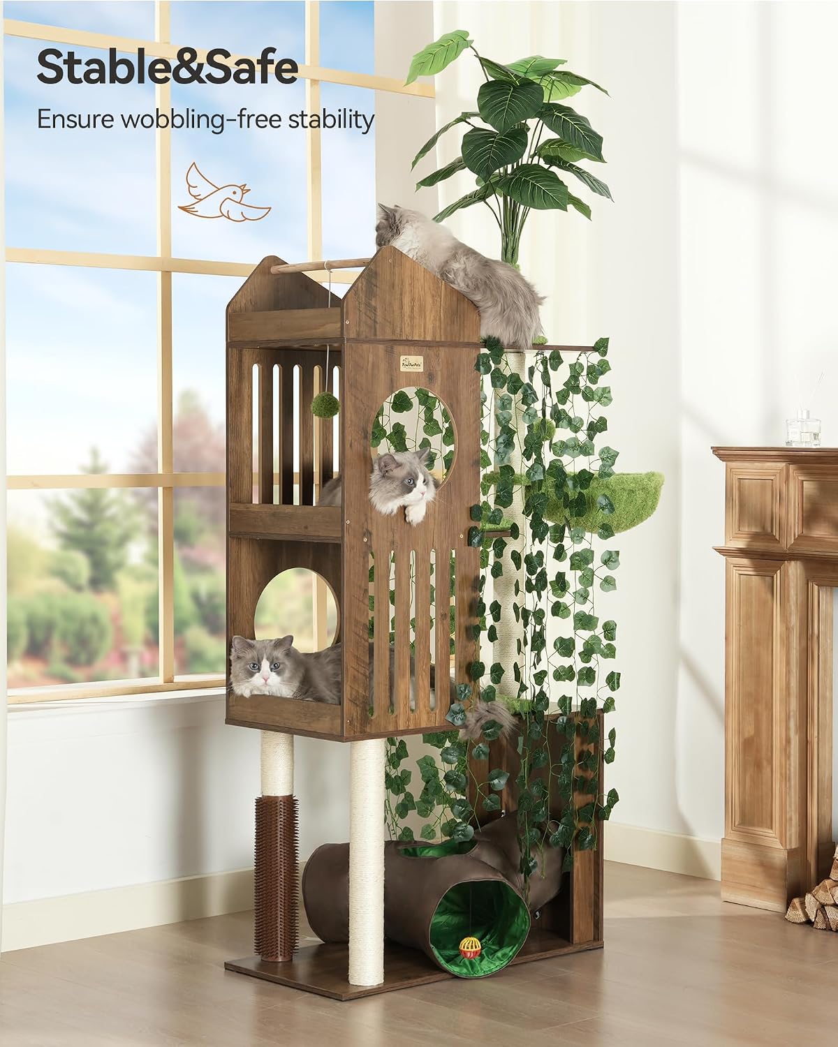 FourFurPets Large Cat Tree with Leaves, 72.8" Tall Cat Tower, Anti-tip Kit