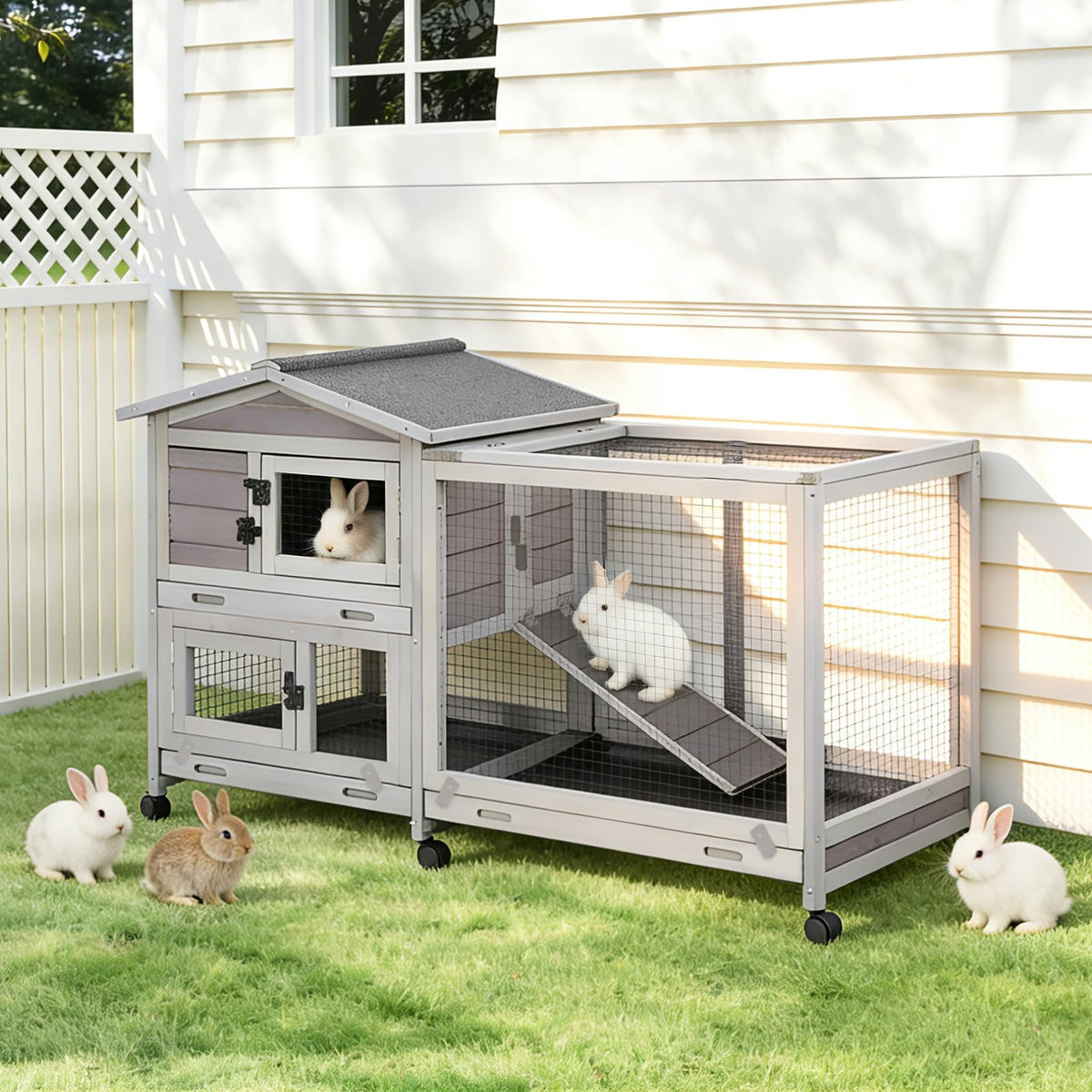 Gutinneen 2-Story Rabbit Hutch with Chew-Proof Ramp & Leak-Proof Trays - Indoor/Outdoor 39.3" Wooden Rabbit Cage with Wheels for Rabbits, Guinea Pigs