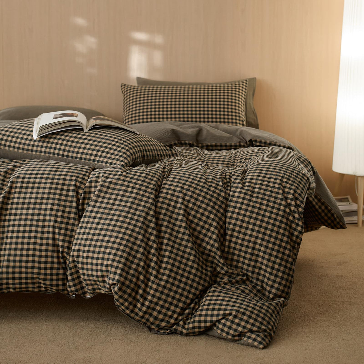 EAVD Vintage Buffalo Plaid Duvet Cover Queen Red&Black&Green Muslin Cotton