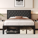 Fluest Queen Bed Frame with Headboard PU Leather Upholstered Bed Frame Platform,All Metal Slats Support Platform Bed Frame with Storage Space,Easy Assembly,Noise Free,No Box Spring Needed,Black