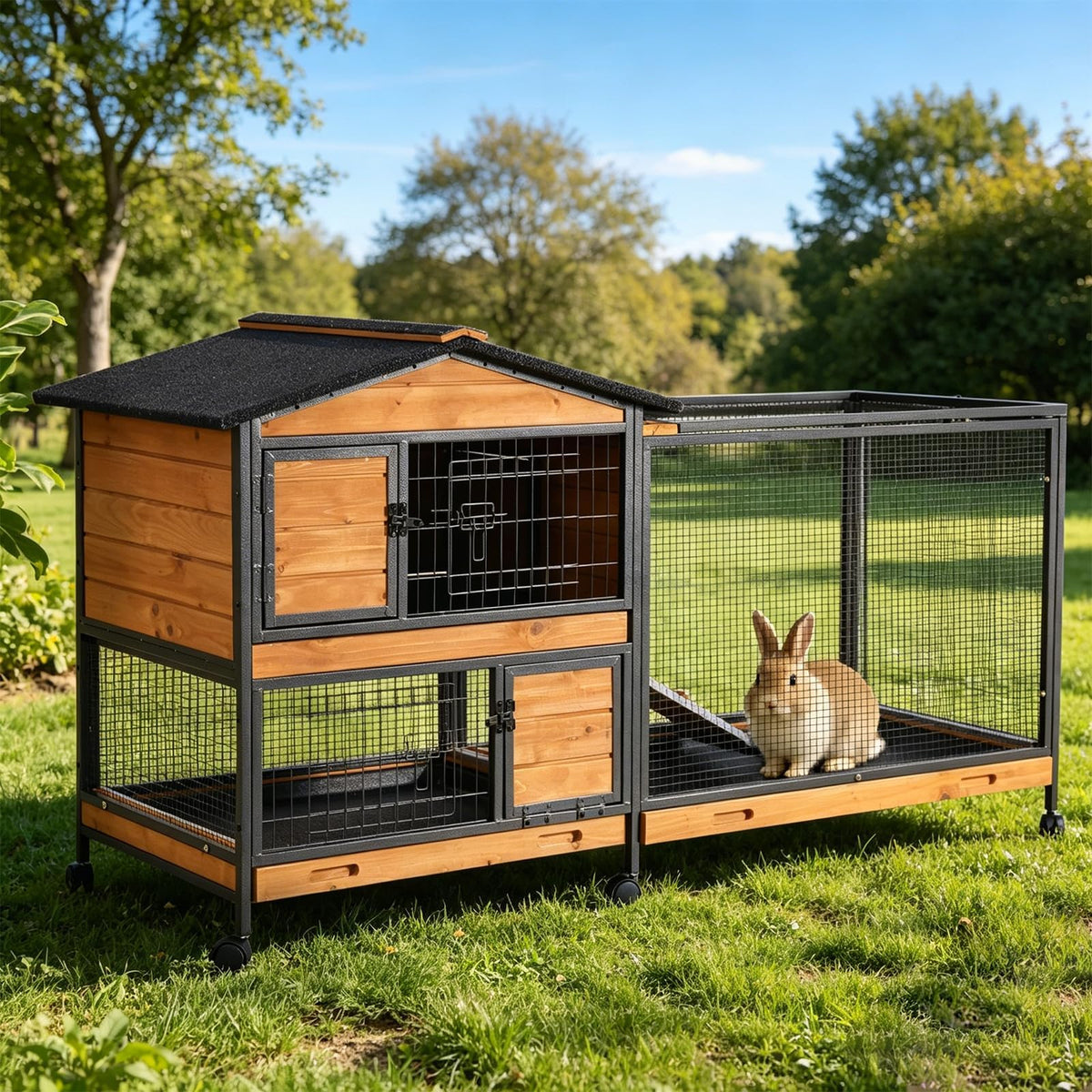 GUTINNEEN Rabbit Hutch with Chew-Resistant Ramp Indoor Bunny Cage Outdoor Guinea Pig Cage with Wheels and Leakproof Tray