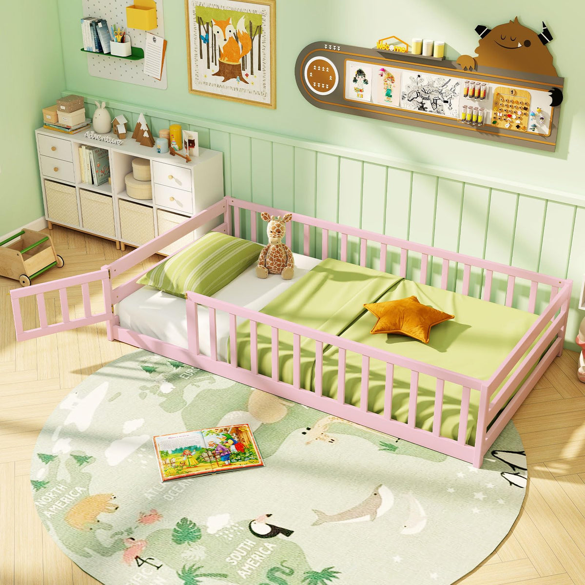 GIANTEX Full Size Floor Bed for Kids, Wooden Montessori Bed Frame with Bookcase, Storage Shelves & Safety Fence Rails, Floor Beds Full for Girls, Boys, No Box Spring Needed, Without Slats, White