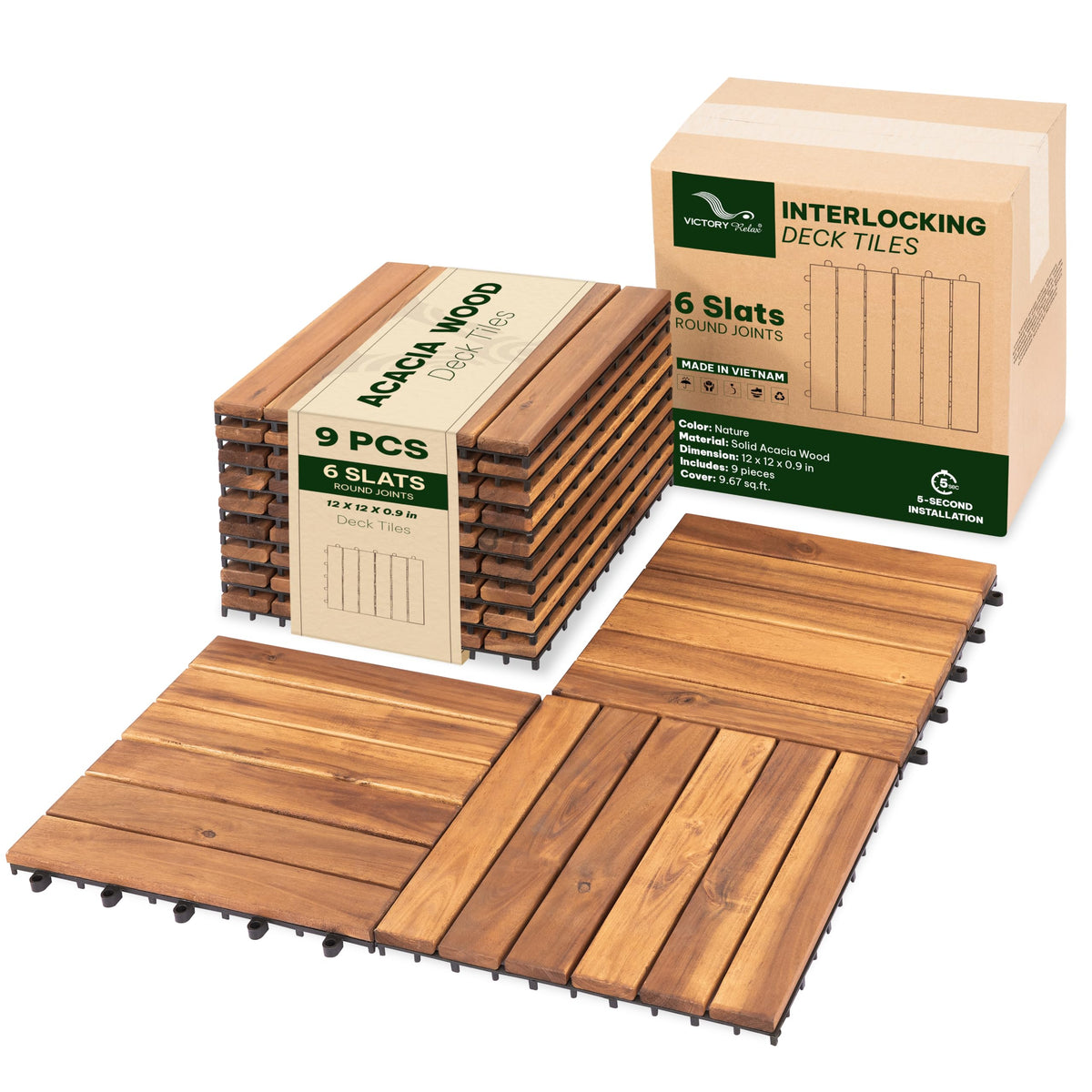 Acacia Interlocking Deck Tiles, 27 PCS Wood Flooring, 12 Slats, Walnut