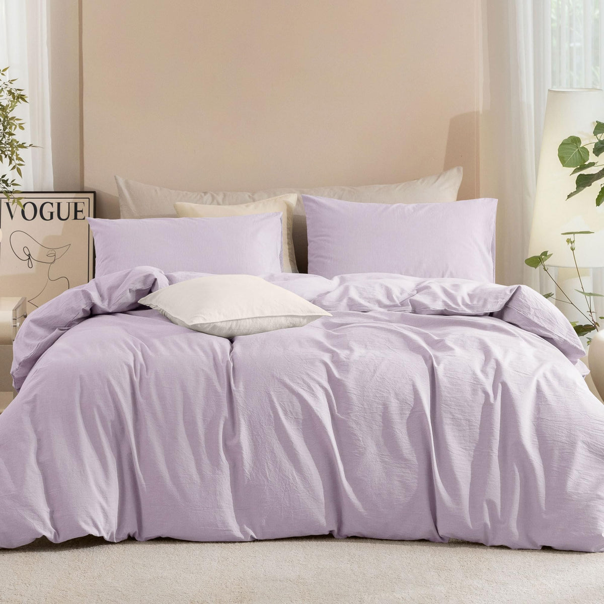 JIYUAN Queen Washed Cotton Duvet Cover Set, 3-Piece, Relaxed Linen Feel