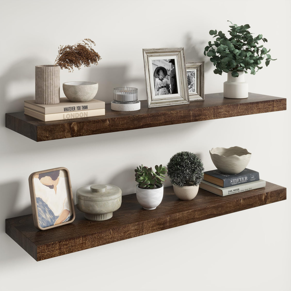 Live Edge Elm Floating Shelves - 24 In Rustic Solid Wood Shelves with Heavy-Duty Invisible Bracket, Wall-Mounted Wooden Shelf for Living Room, Bathroom, Kitchen Storage & Display, Set of 2, Natural