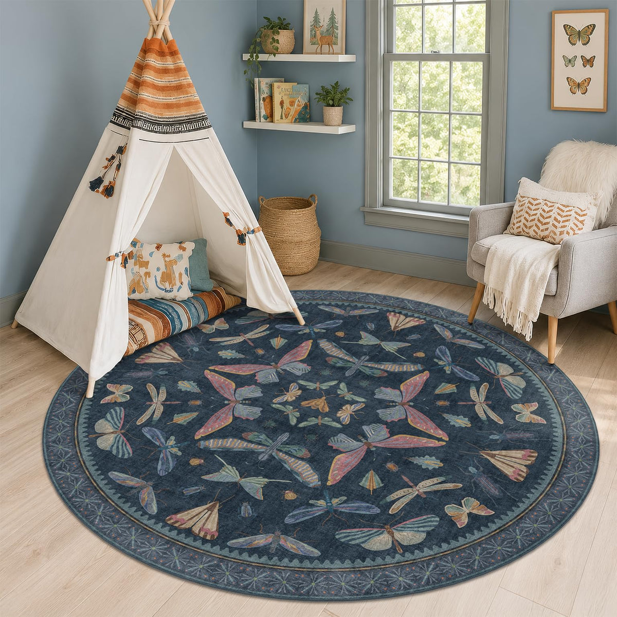 Hazo Haus Dark Green Insect Area Rugs 8x10 for Living Room, Dining Room Under Table, Bedroom, Unique Washable Floral Non Slip Low Pile Soft Rug