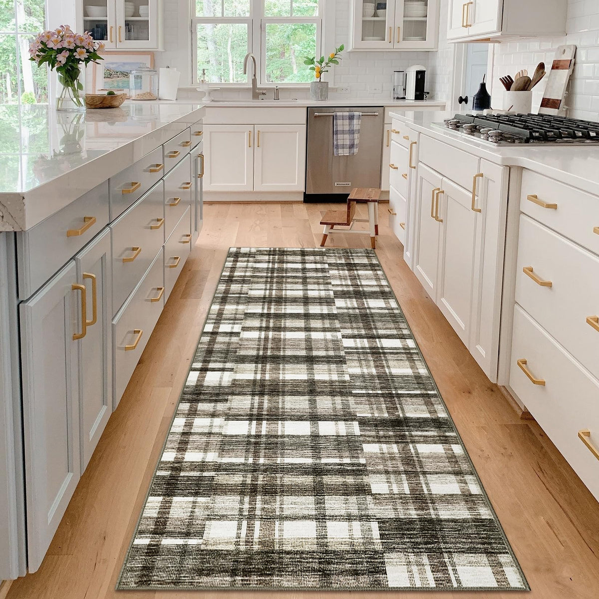 Modern Washable 8x10 Area Rug - Soft, Non-Slip, Stain Resistant, Farmhouse Tartan Plaid for Living Room, Bedroom, Nursery, Office - Beige