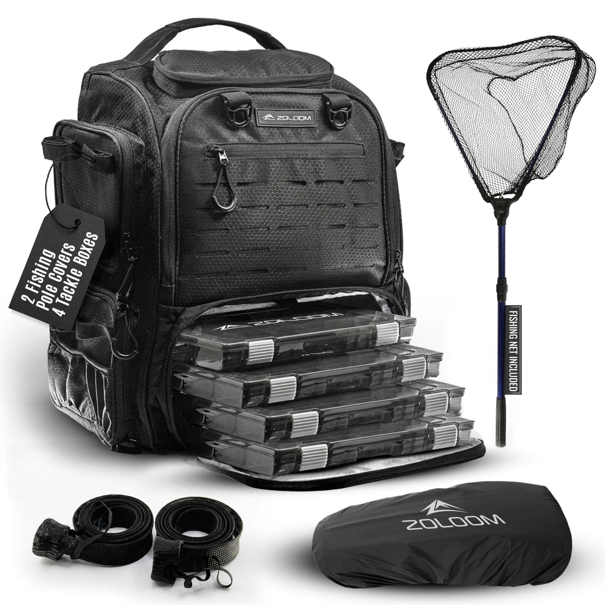 Waterproof Fishing Backpack with Tackle Boxes, Rod Holder & Foldable Net - 40L Fishing Tackle Bag with Trays Included, Extra Storage Gear and Equipment, Rain Cover, Fisherman Gift for Men