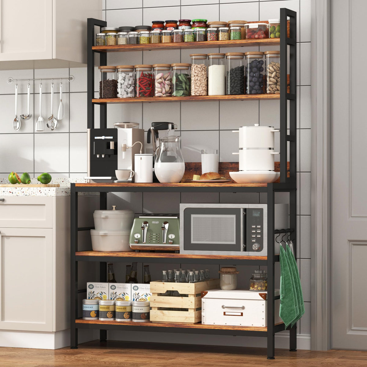 5-Tier Kitchen Bakers Rack with Power Outlet,Industrial Microwave Oven Stand, Utility Storage Shelf,Free Standing Kitchen Utility Cart Storage Shelf Organizer with Hooks