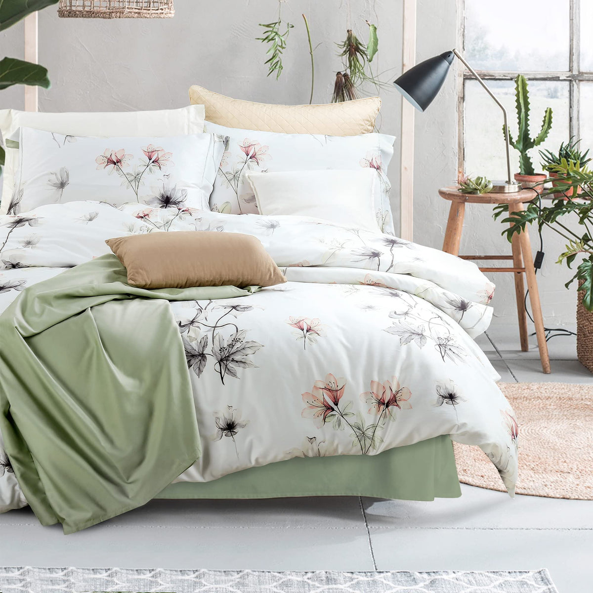 MILDLY White Floral Green Leaves Luxury Duvet Cover Set 3pcs King