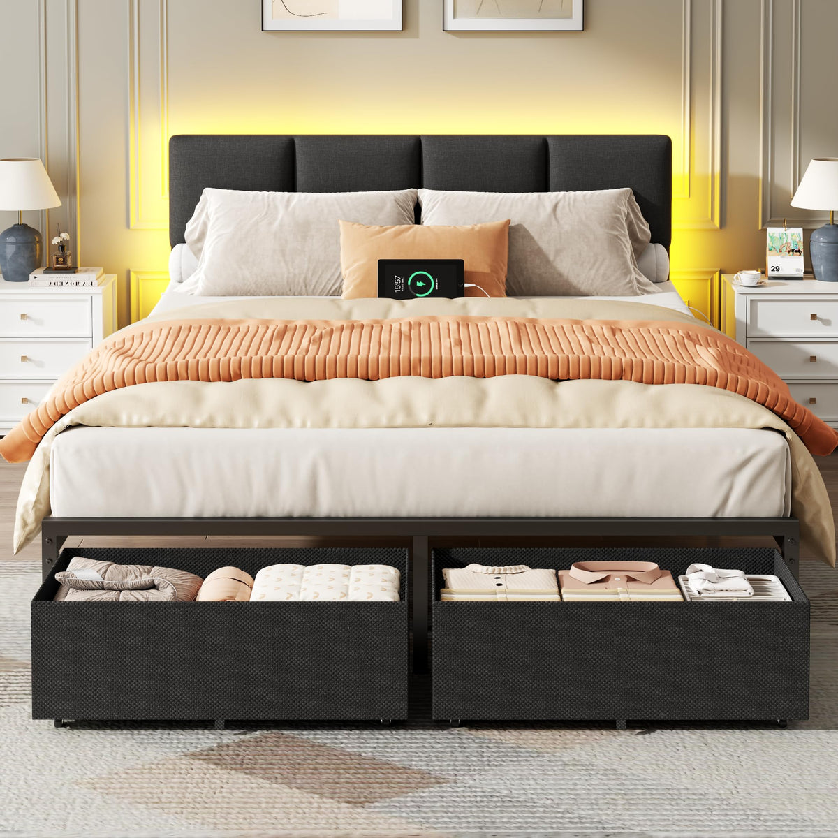 Furnulem Full Size Bed Frame with Upholstered Headboard & 2 Storage Drawers