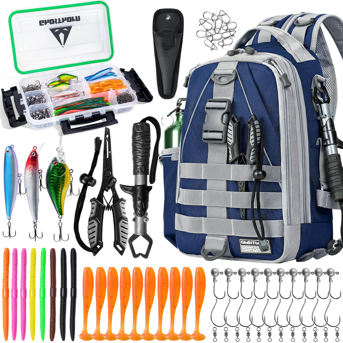 Ghosthorn Fishing Backpack with 3600 Tackle Box Fishing Gear Set Tackle Bag
