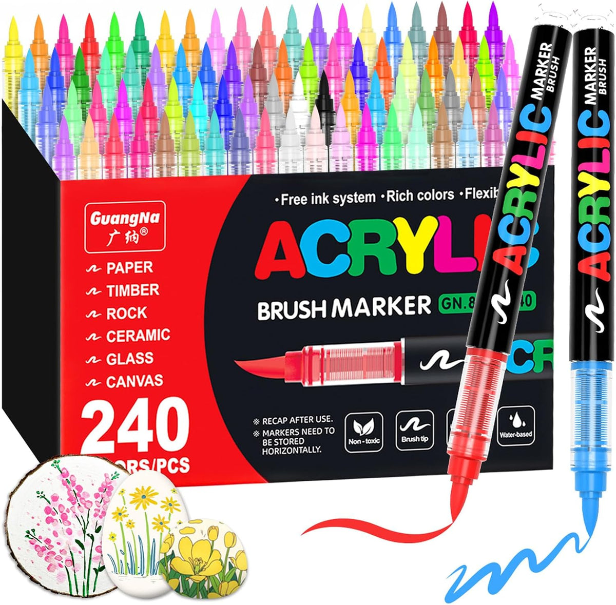 Guangna 240 acrylic paint markers for stones, fabric, wood, and more