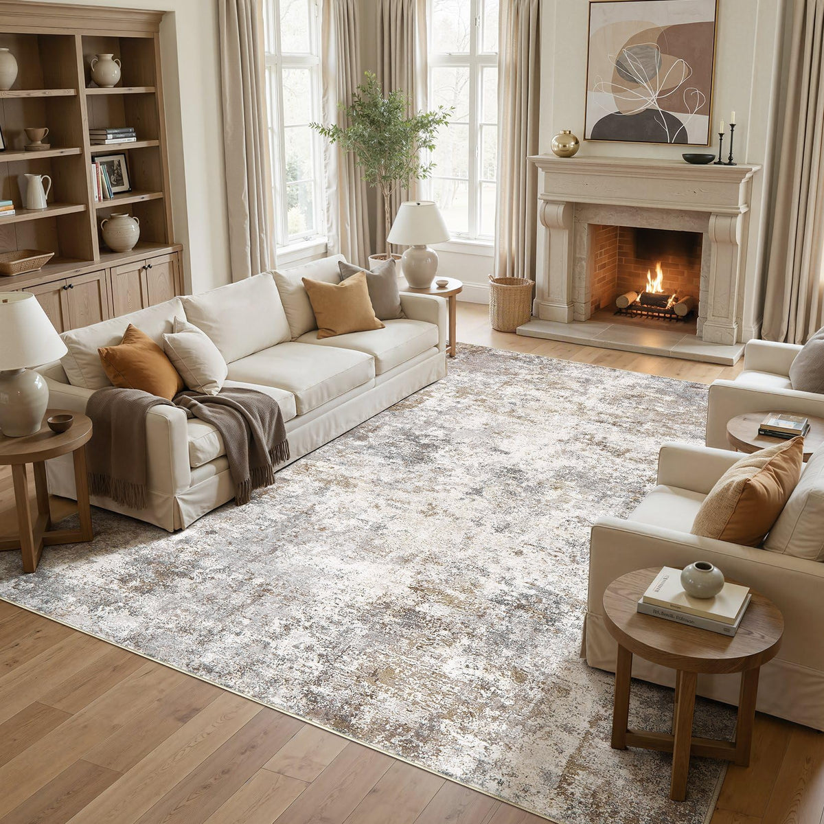 UERMEI 9x12 Area Rug Living Room Rugs - Washable Neutral Modern Abstract Soft Thin Large Rug Indoor Floor No Slip Rug Carpet for Bedroom Under Dining Table Home Office Decor - Brown Grey