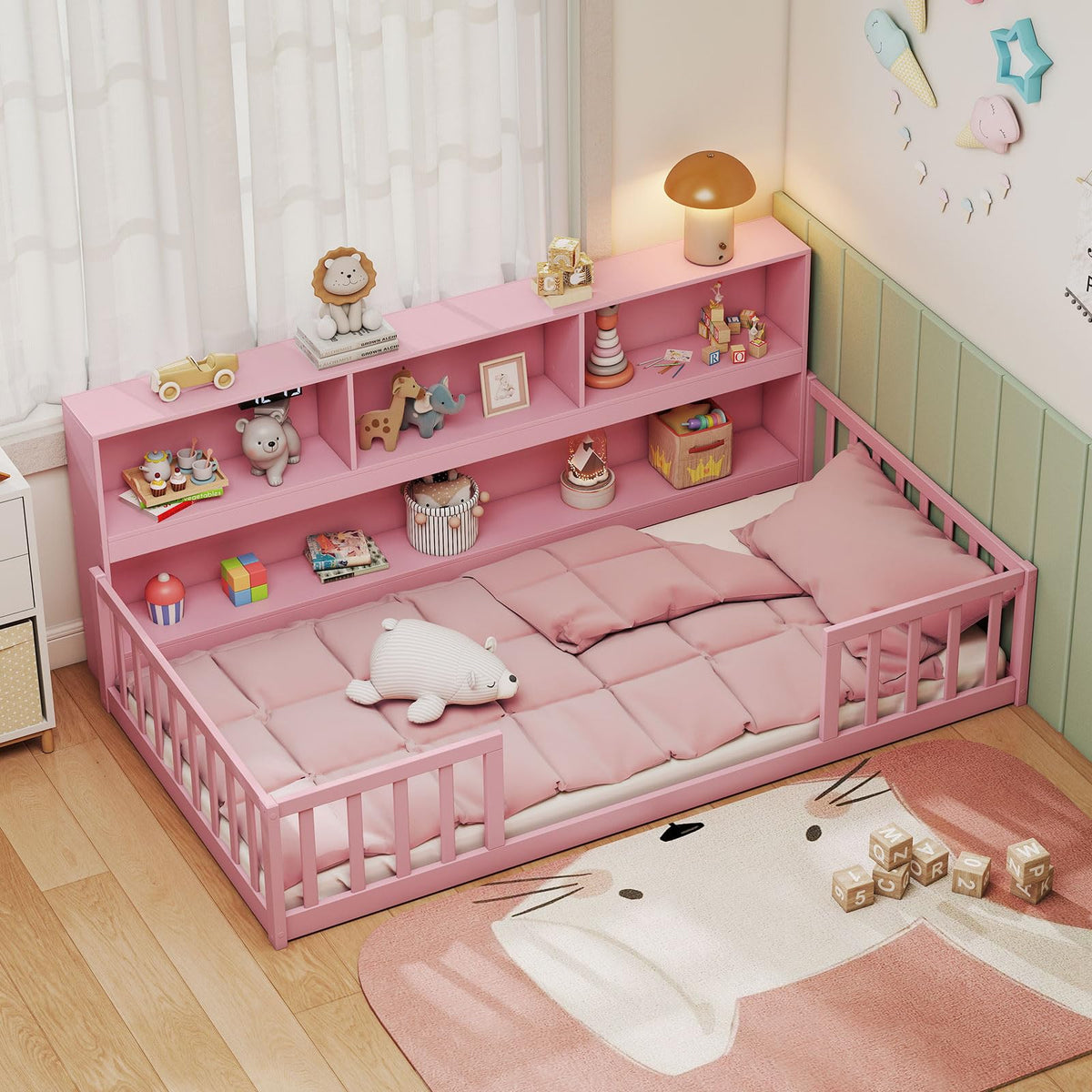 GIANTEX Full Size Floor Bed for Kids, Wooden Montessori Bed Frame with Bookcase, Storage Shelves & Safety Fence Rails, Floor Beds Full for Girls, Boys, No Box Spring Needed, Without Slats, White