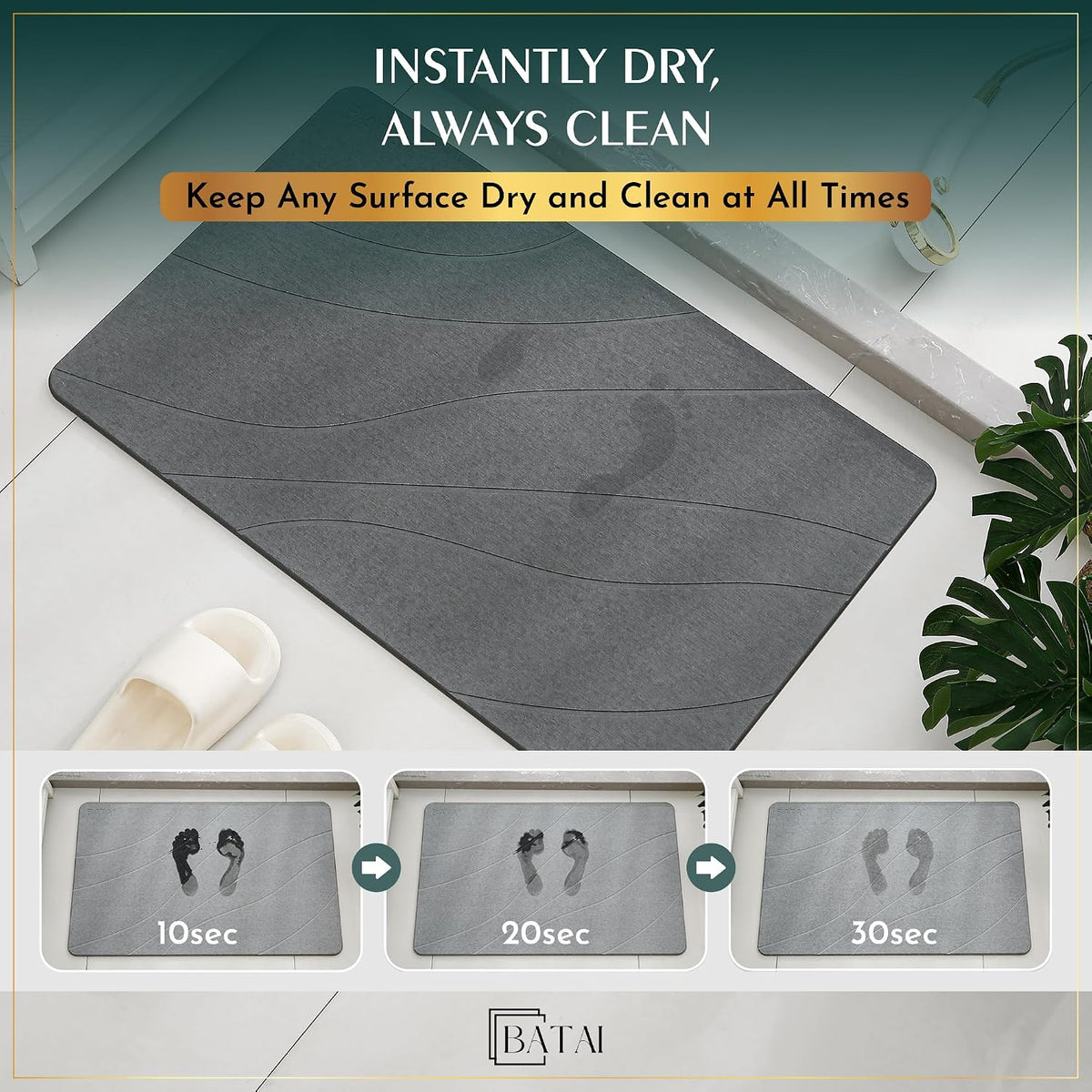 Extra Large Diatomaceous Earth Stone Bath Mat (31.5” x 19.7”) Dark Gray XL