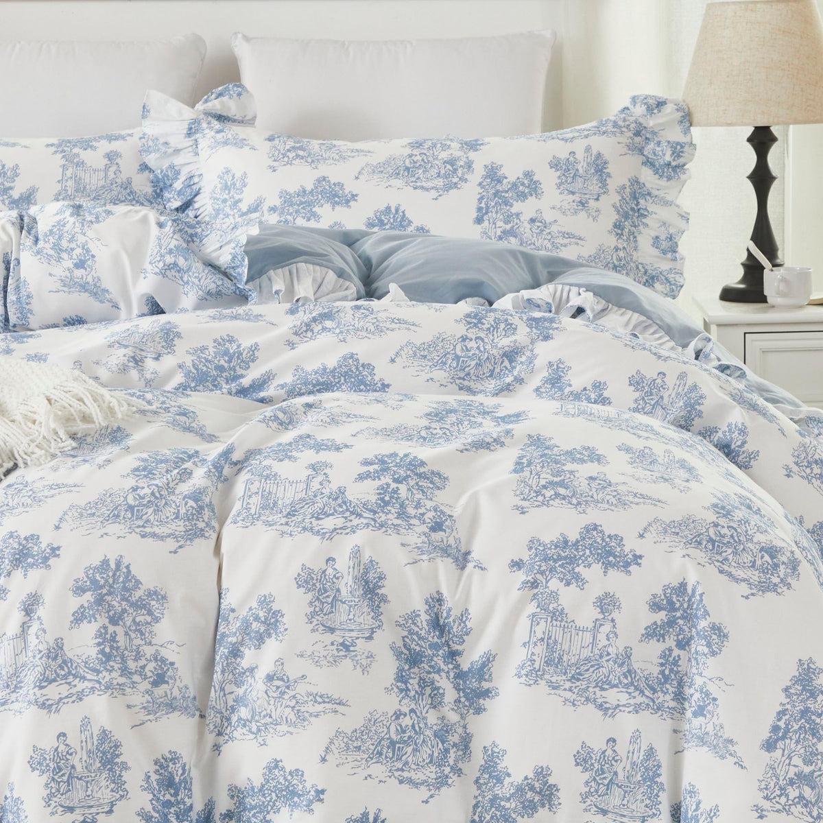 Brandream French Country Toile Queen Duvet Cover Set for Girl Women Bedroom Vintage Pink Toile Floral Print 100% Cotton Duvet Quilt Comforter Cover Pillow Shams Set with Delicate Ruffle Fringe