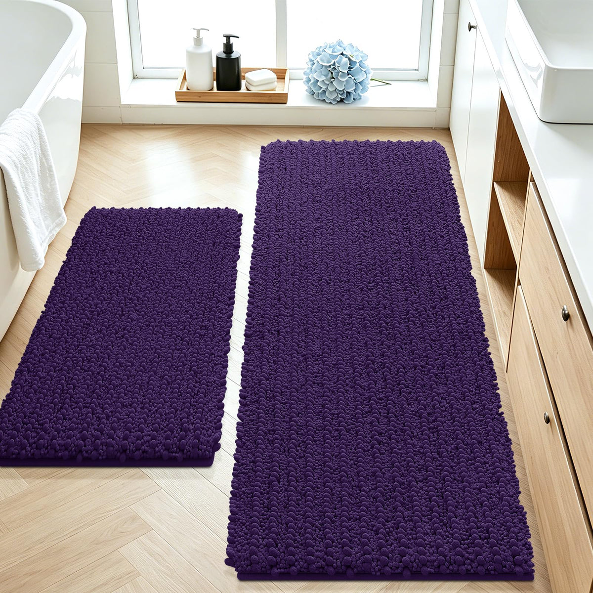 ACCUMTEK Upgrade Extra Large Black Bathroom Rug Set 3 Pieces Ultra Soft, Thick Absorbent Bath Mats, Non Slip Chenille Toilet Mat for Bathroom, Bedroom, Kitchen