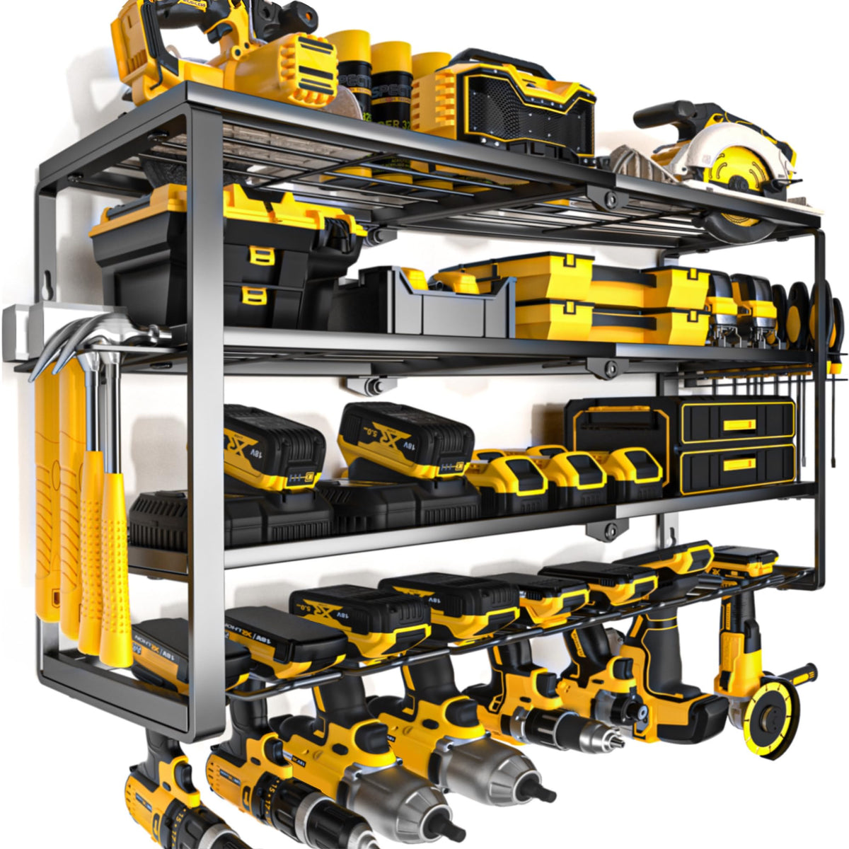 YYR Large Power Tool Organizer Wall Mount, Heavy Duty Metal Cordless Drill Storage Rack with Battery Charging Station Shelf, Utility Racks for Garage Organization, 4 Layer 10 Drills Holder Extra Tall