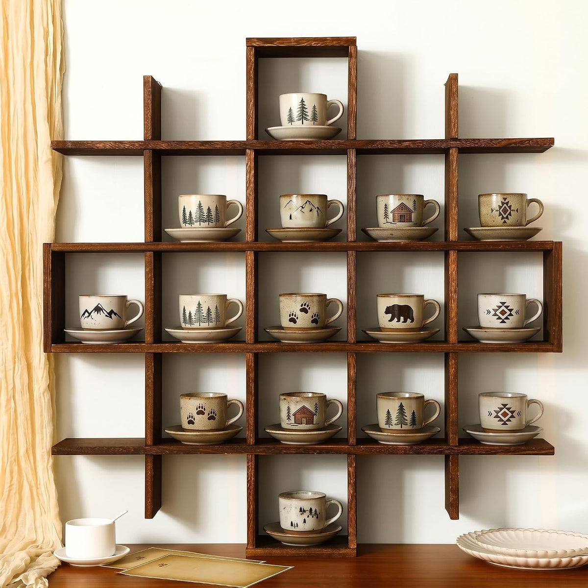 Suzile 5x5 Wall Shelf for Tea Cups Saucers, Rustic Wood Rack, Brown