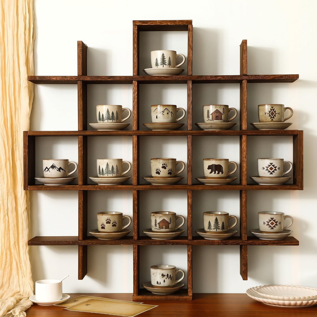Suzile 5x5 Wall Shelf for Tea Cups Saucers, Rustic Wood Rack, Brown