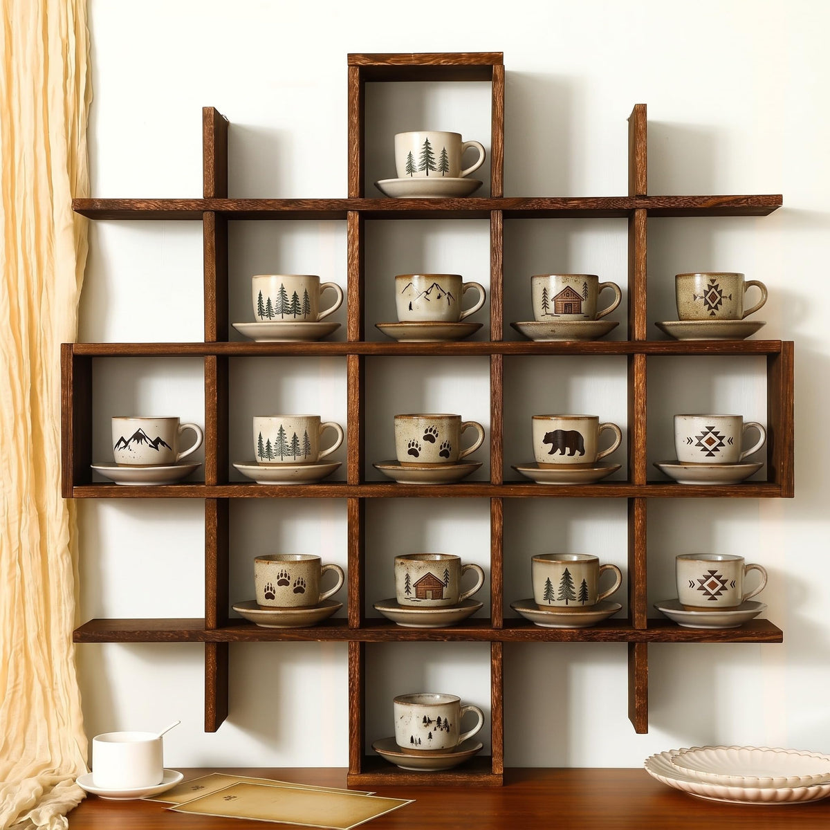 Suzile 5x5 Wall Shelf for Tea Cups Saucers, Rustic Wood Rack, Brown