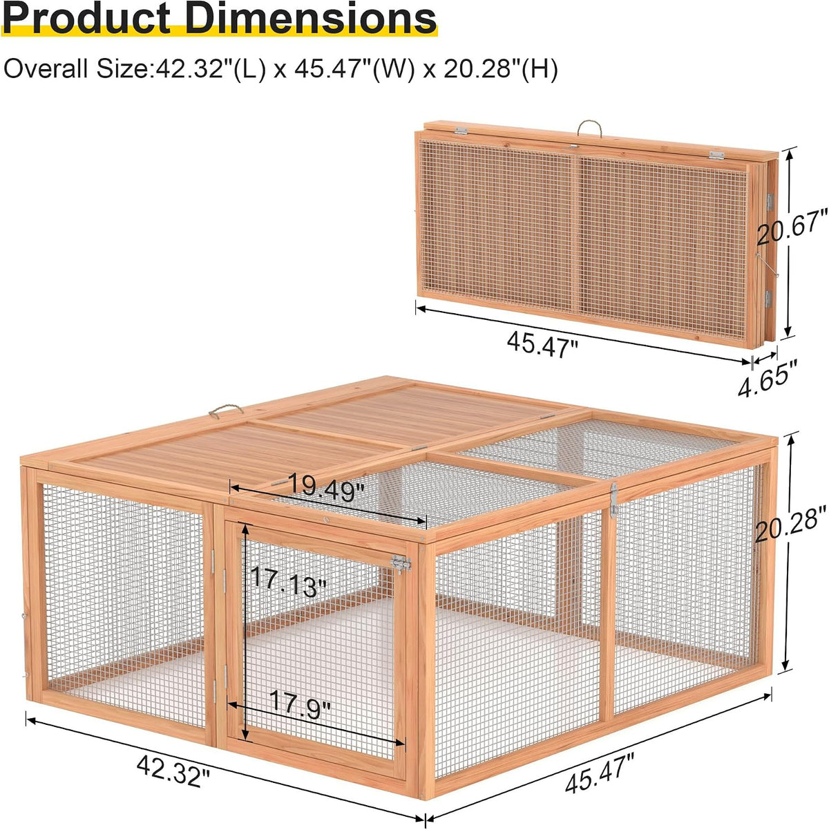Chicken Coop Run Rabbit Cage No Assembly Portable Chicken Run Bunny House with Top & Side Opening Doors,Outdoor Small Animal Playpen Wooden Chicken Brooder Box Guinea Pig Cage 45"x 42"x 20"