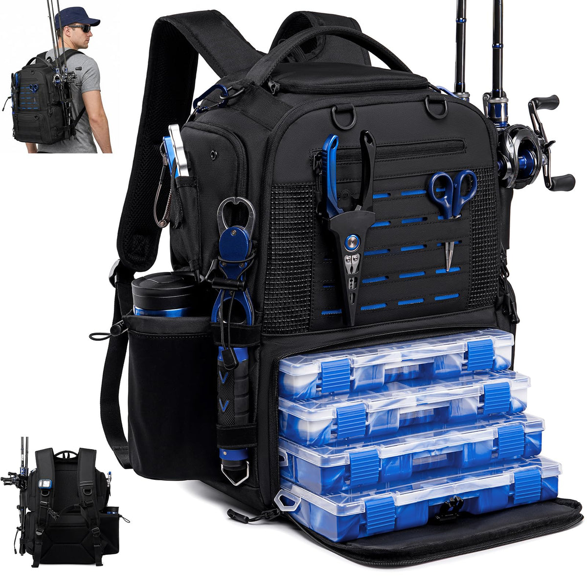 Fishing Backpack, Multi-pocket Tackle Backpack with 2 Rod Holders